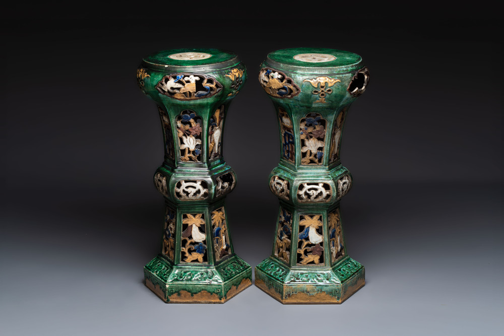 A pair of Chinese or Vietnamese polychrome-glazed pottery stands, 19th C.