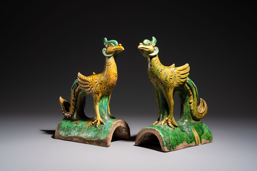 A pair of Chinese sancai-glazed 'Phoenix' roof tiles, Ming
