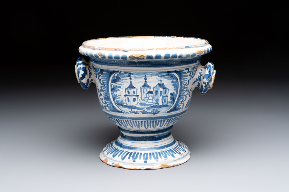 A blue and white French faience garden vase, probably Nevers, 18th C.