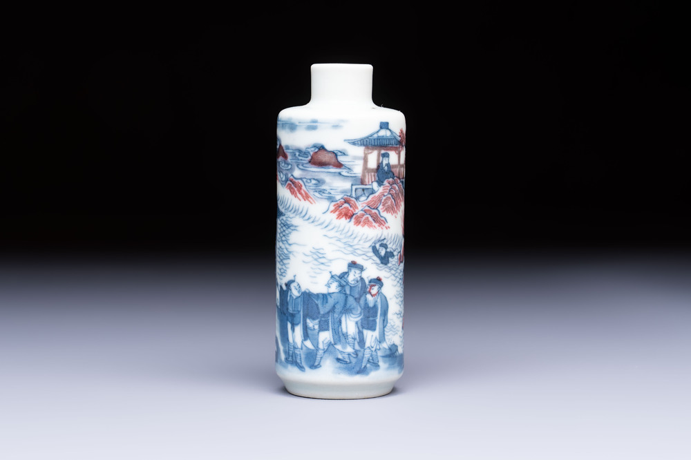 A fine Chinese blue, white and copper-red snuff bottle with narrative design, 19th C.