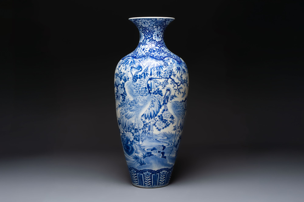 A massive Japanese Arita blue and white 'Cranes' vase, Meiji, 19th C.