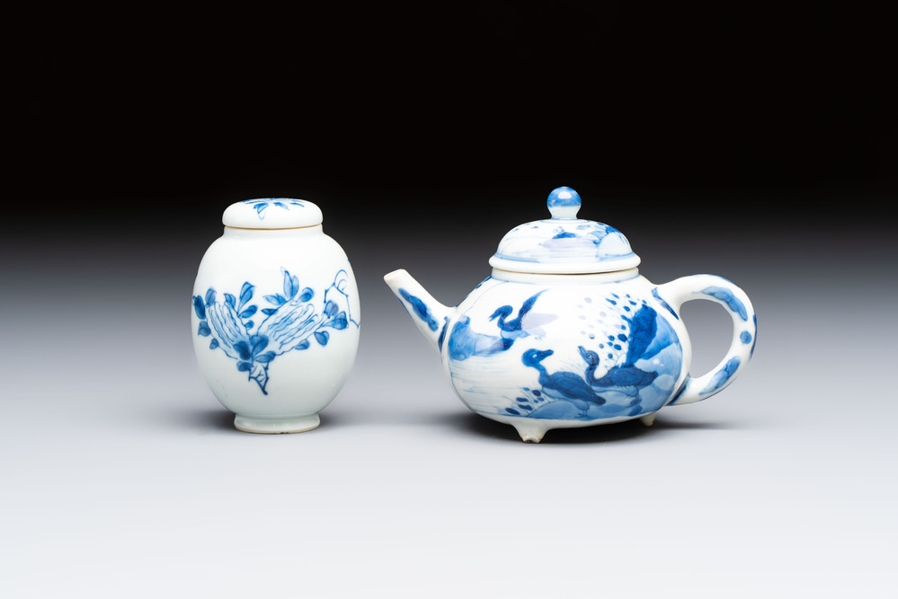 A Chinese blue and white covered tea caddy and a covered teapot with ducks, Kangxi