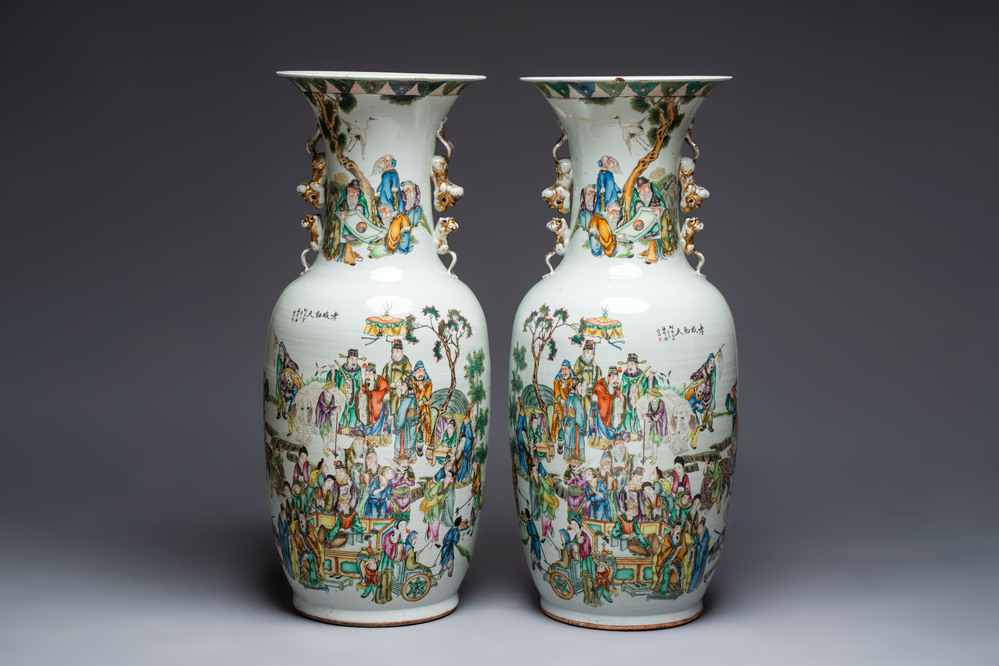 A pair of massive Chinese famille rose 'Ren Lun Zhi Zhi 人倫之至' and 'Xiao Gan Dong Tian 孝感動天' vases, signed Pan Zhaotang 潘肇唐, dated 1919
