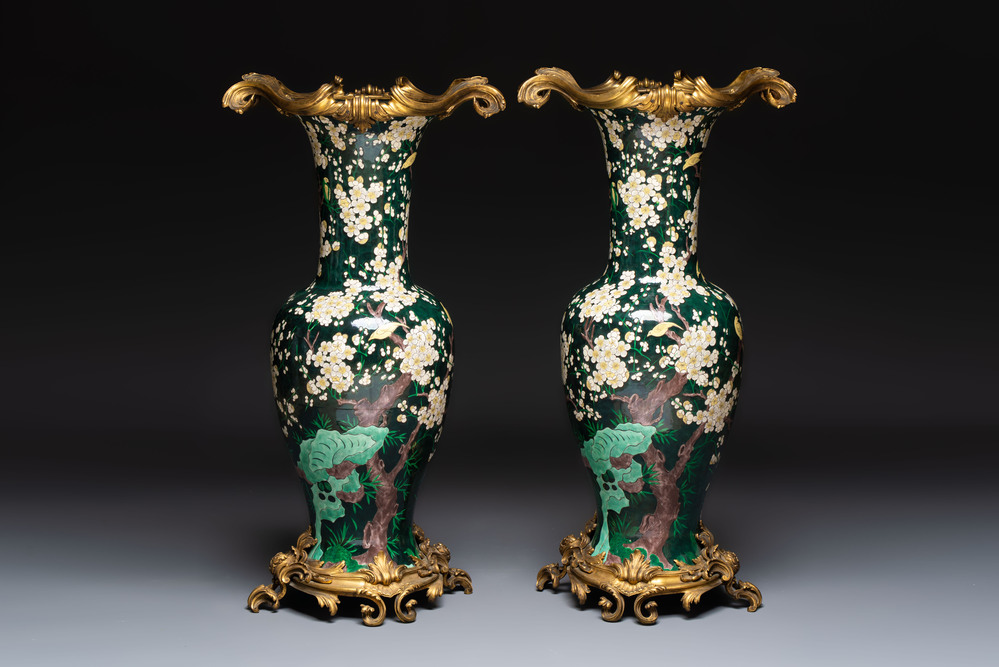 A massive pair of gilt-bronze-mounted famille noire style vases, Samson, Paris, 19th C.