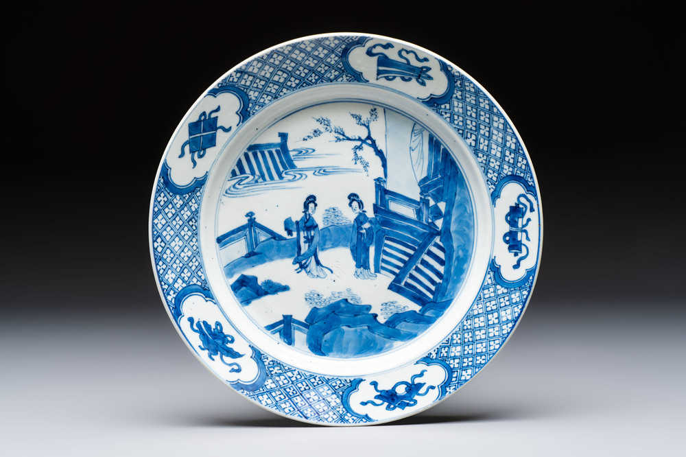 A Chinese blue and white 'Elegant Beauties' plate, Kangxi mark and of the period