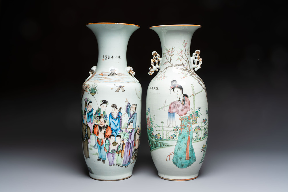 Two Chinese famille rose 'Dai Yu Zang Hua 黛玉葬花' and 'Immortals' vases, signed Lu Xuan 膂軒, one dated 1901, 19/20th C.