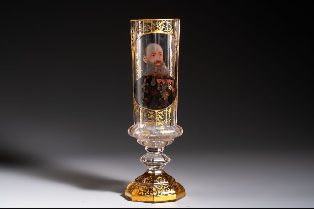 A gilt polychrome-decorated facetted 'Royal Portrait' glass goblet, Moser, Czech Republic, 19th C.