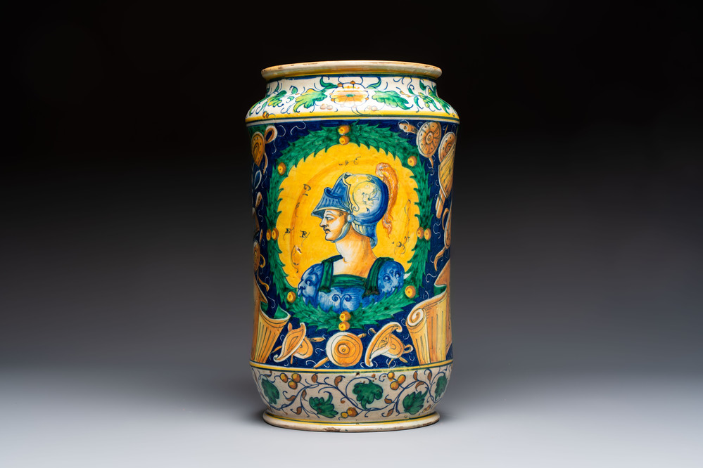 A massive polychrome Italian maiolica albarello with a profile bust of a warrior from the Antique, Venice, 16th C.