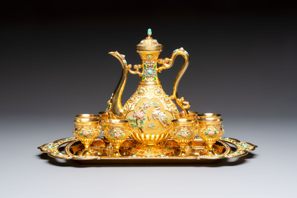A rare Chinese export precious stone-inset and enamelled gilt-silver coffee set with matching tray, silver marks, 20th C.