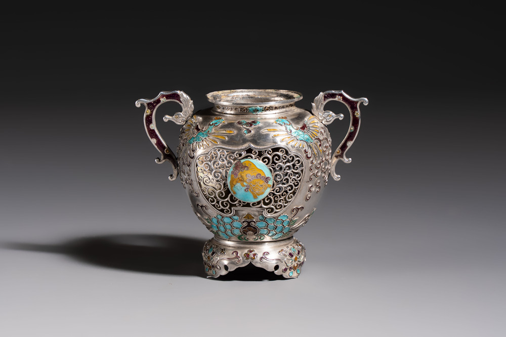 A Japanese enamelled reticulated silver 'koro' censer, Meiji, 19th C.