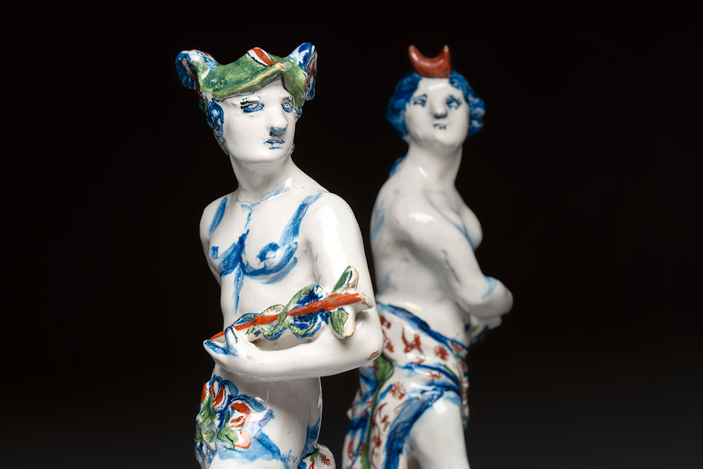 An important pair of polychrome Dutch Delft cashmere palette figures of Diana and Mercury, dated 172(?)