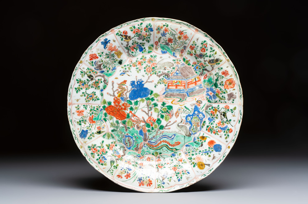A large Chinese famille verte 'Pavilion with Birds among Flowering Branches' dish, Kangxi