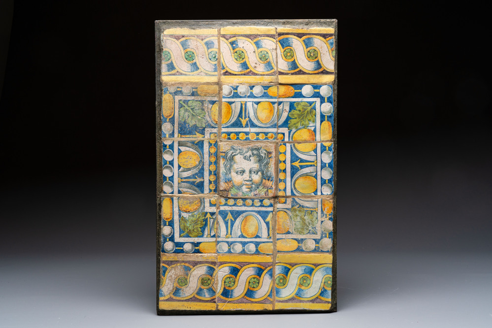 An extremely rare floor tile panel with a cherub head, workshop of Masseot Abaquesne, Rouen, France, ca. 1557-1560