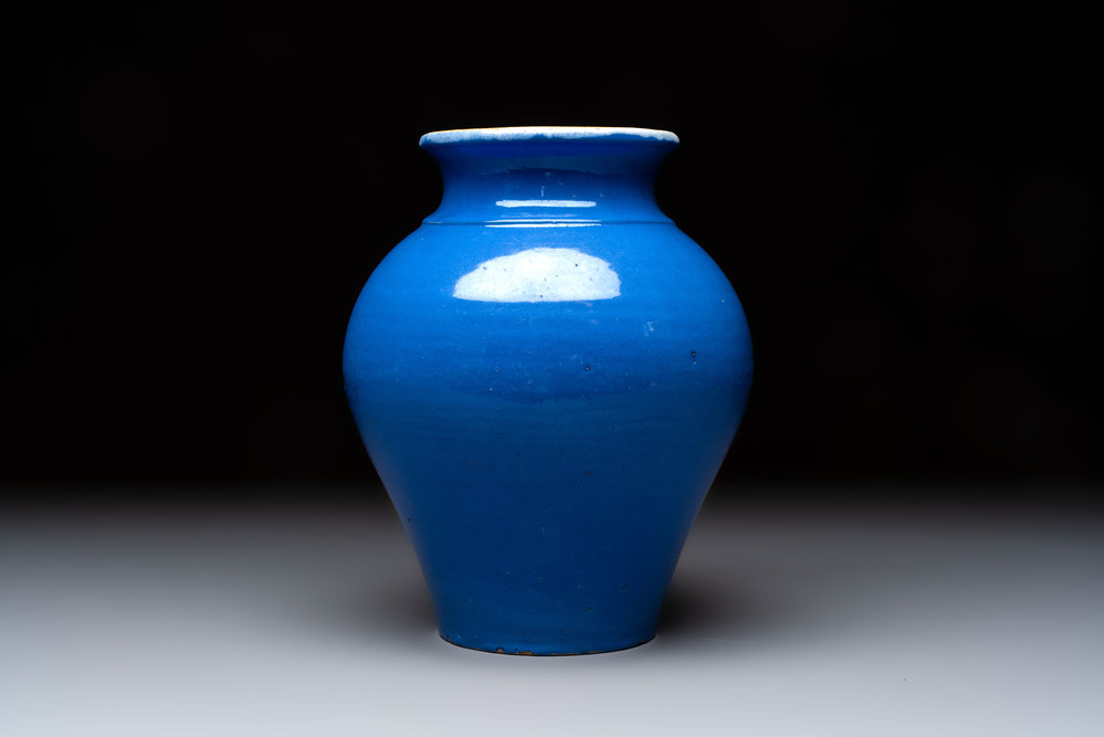 A rare lavender-blue-ground French faience baluster vase, probably Nevers, 18th C.