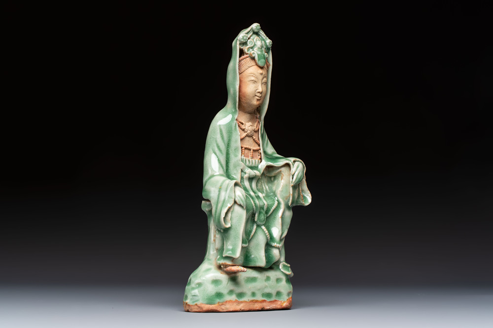 A Chinese Longquan celadon Guanyin, Republic