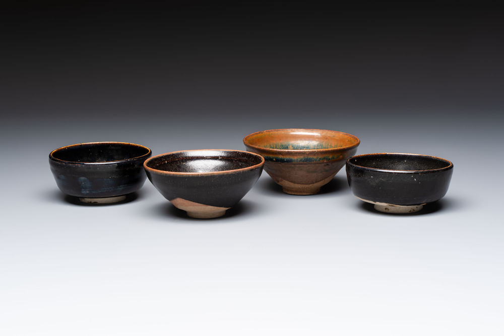 Two Chinese Jian tea bowls and two Dongzhangyao black-glazed tea bowls, Song