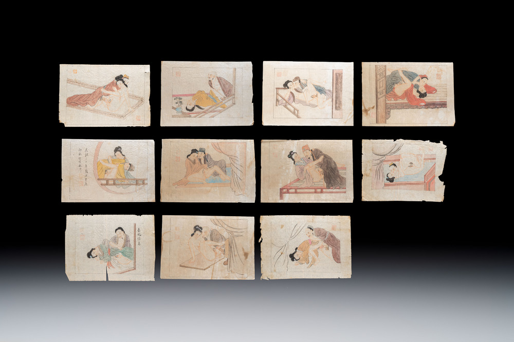 Chinese school: 11 erotic paintings, ink and colour on paper, dated 1904