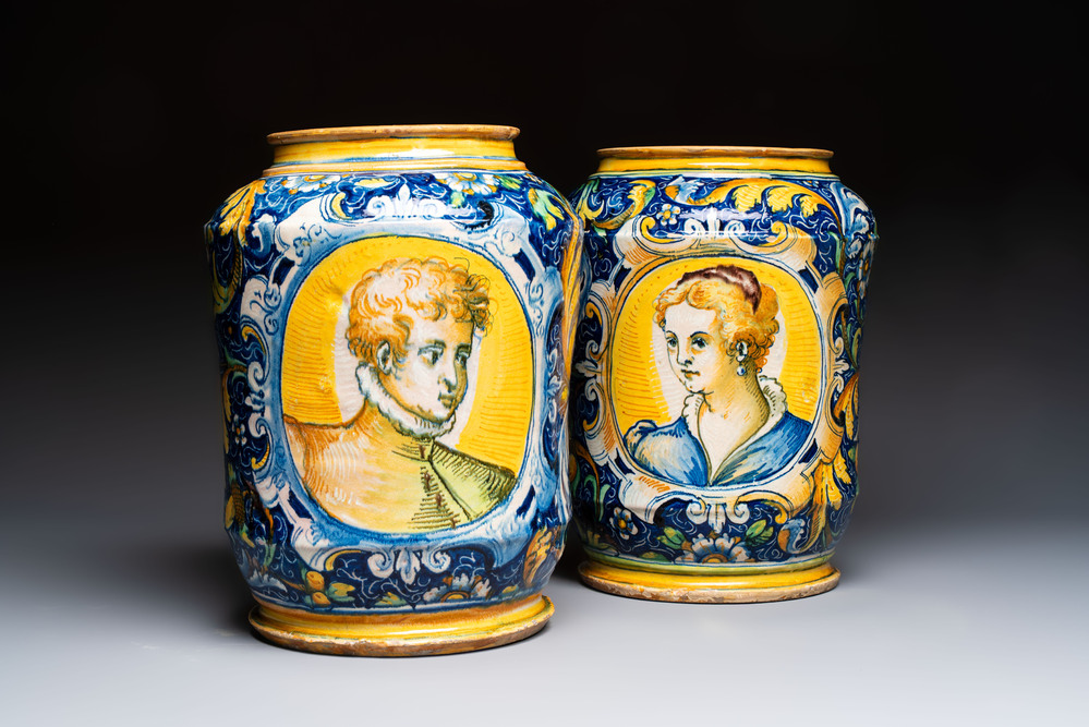 An exceptional pair of large polychrome Italian maiolica albarelli with a bust of a man and a woman, Venice, workshop of Maestro Domenico, mid 16th C.