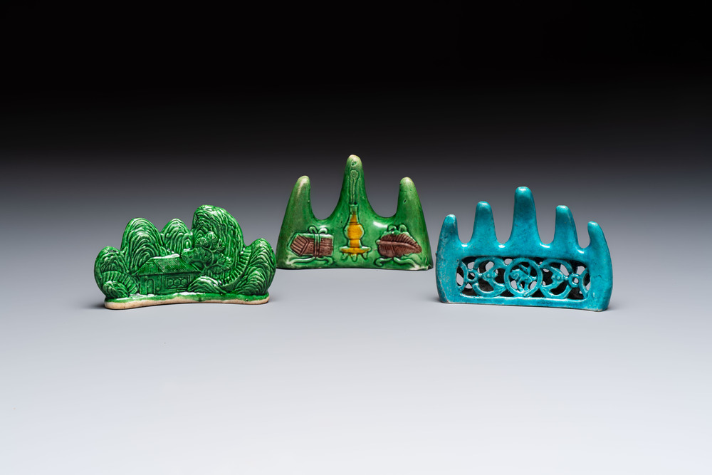 Three Chinese verte biscuit and turquoise-glazed brush rests, Kangxi and later