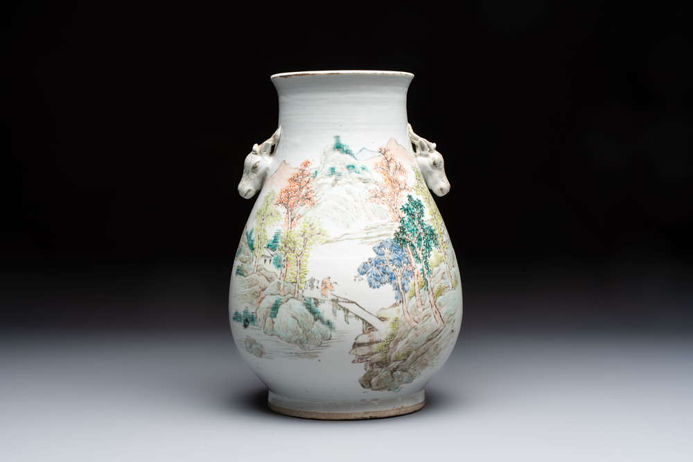A Chinese qianjiang cai 'Hu' vase with mountainous landscape design, signed Shou Lu Xuan Zhu Ren 受祿軒主人, dated 1906