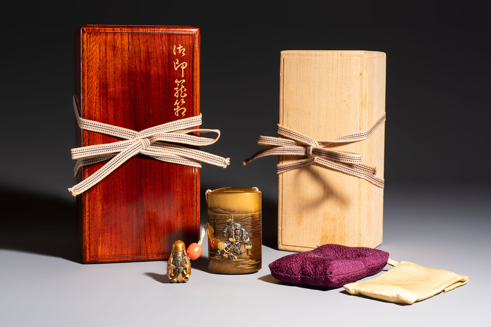 A fine Japanese four-case metal-inlaid lacquer 'Kanshin' inrō by Kōzan with a red coral ojime and a 'Jurojin' netsuke, Kōzan 光山 mark, Edo
