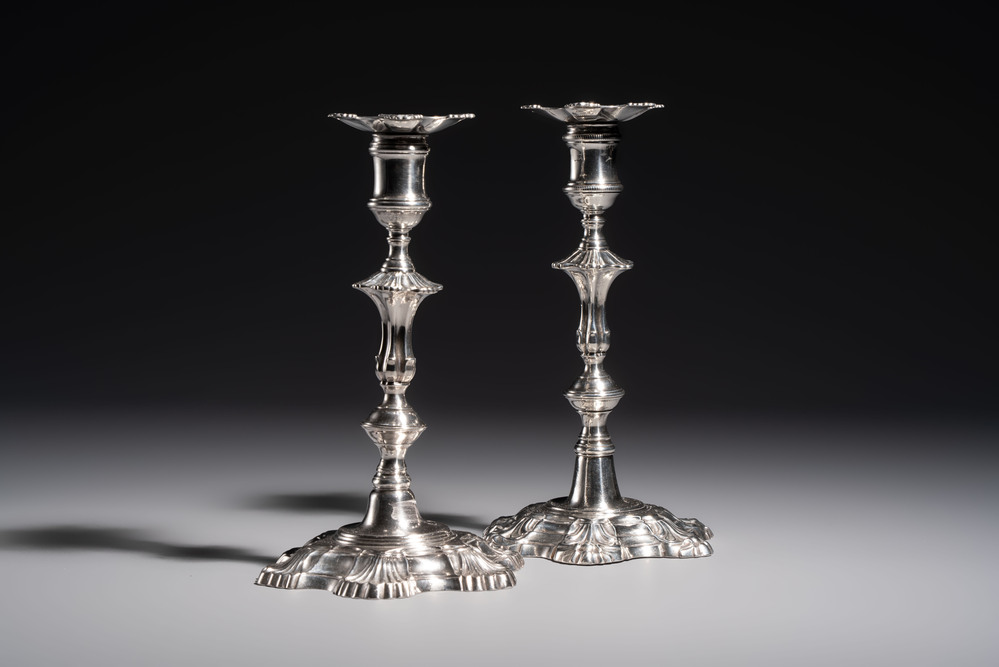 Two English silver candlesticks, William Cafe, London, dated 1751 and 1774
