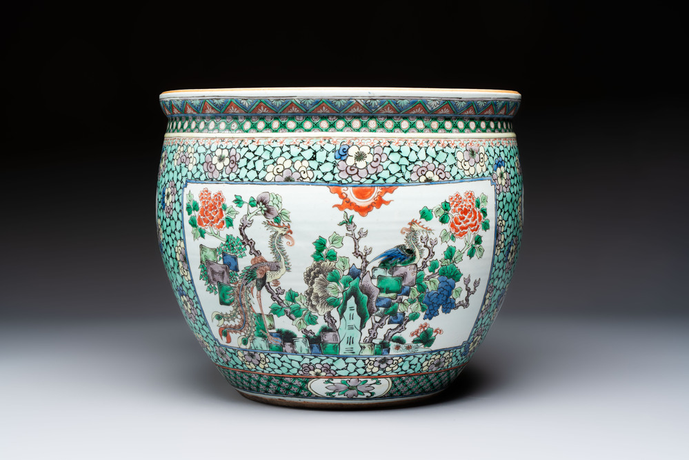 A Chinese famille verte 'Phoenix and Mountainous Landscape' jardini&egrave;re, 19th C.