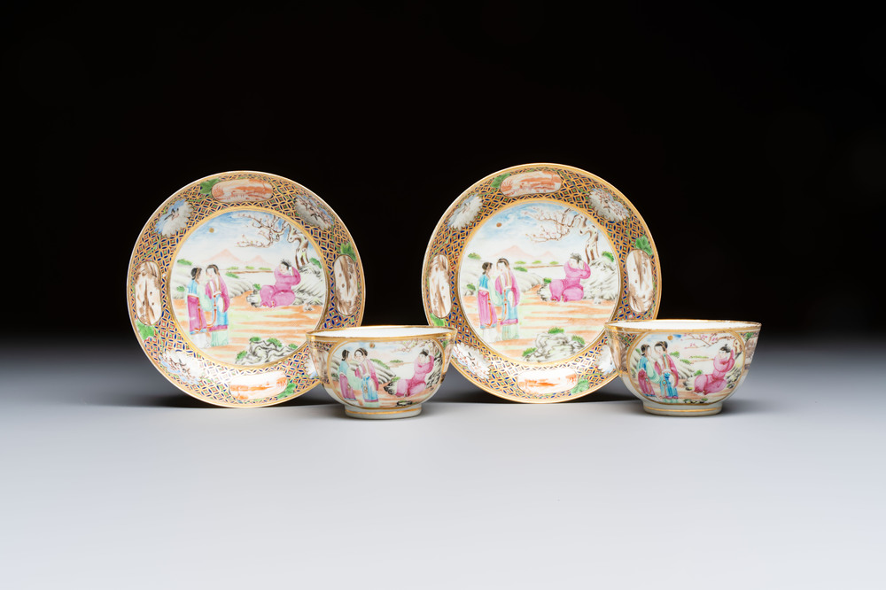 A pair of Chinese Canton famille rose cups and saucers with figural design, Daoguang