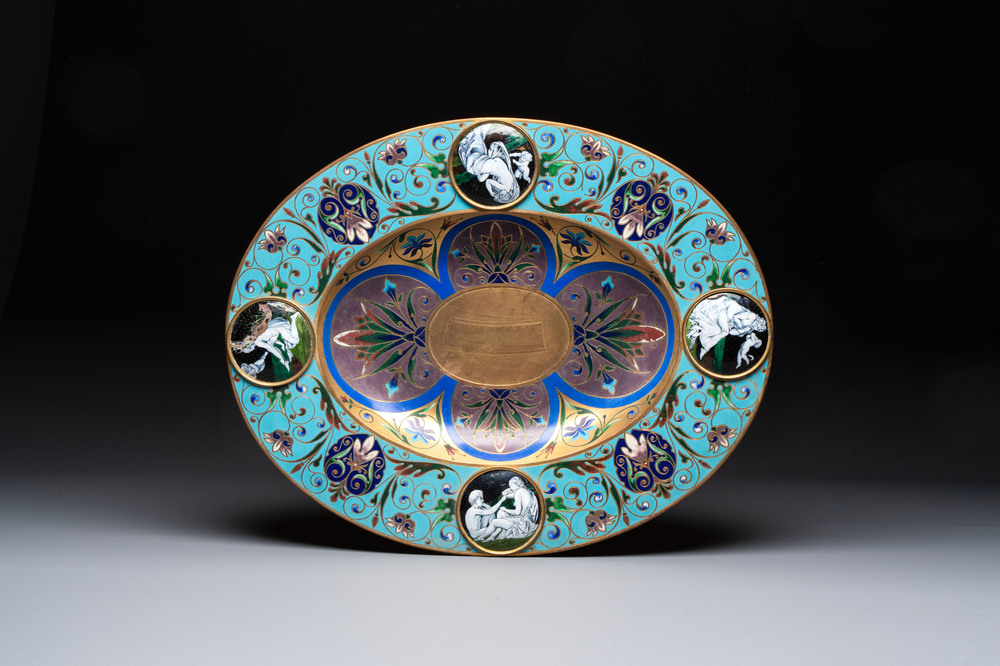 A large champlev&eacute; enamelled gilt bronze dish with enamel medallions, illegibly signed, probably France, 19th C.