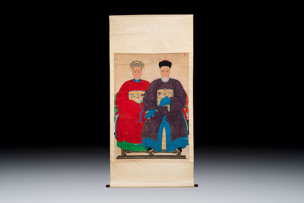 Chinese school: ancestor portrait, ink and colour on paper, 19th C.