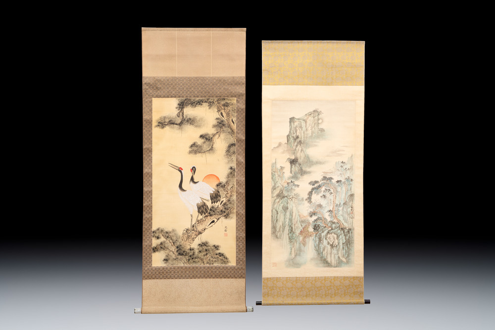 After Shen Quan 瀋銓(1682-1760): 'Cranes', ink and colour on silk, 20th C., and Chinese school: 'Mountainous Landscape' ink and colour on silk, 20th C.