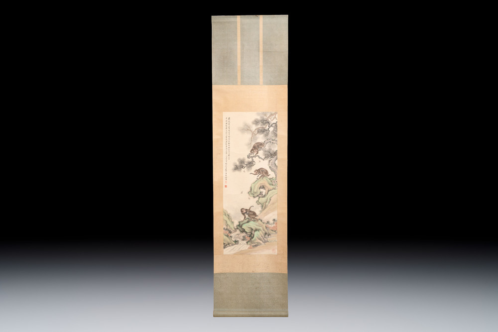 Cai Xian 蔡銑 (1897-1960): 'Playful Monkeys', ink and colour on paper, dated 1925