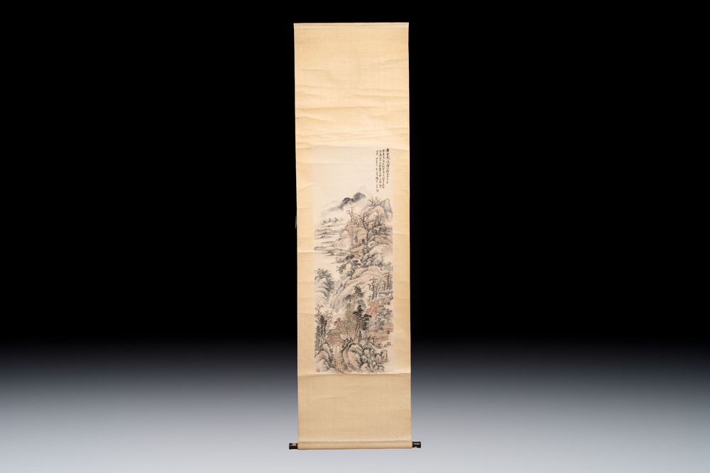After Zhao Yunhe 趙雲壑 (1874-1955): 'Mountainous Landscape', ink and colour on paper, dated 1945