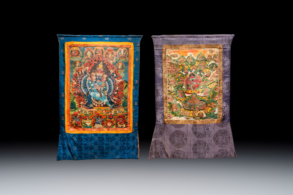 Two Tibetan thangkas depicting Vajrabhairava and Yab-Yum, 19/20th C.
