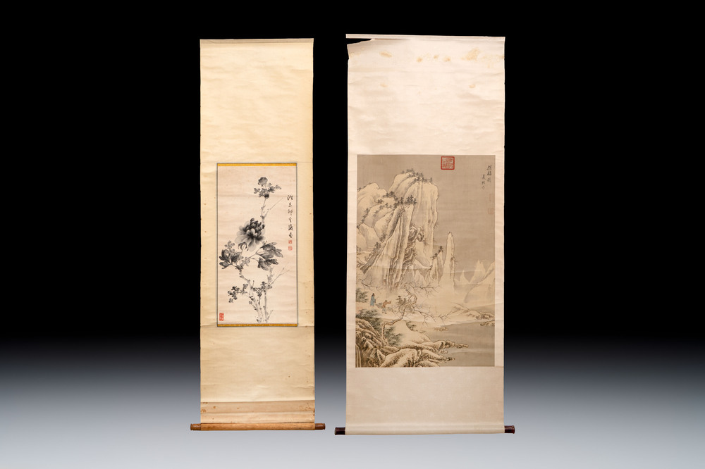Chinese school: 'Peony' and 'Snowscape', ink and colour on paper and silk, signed Shao Chongwei 卲重威 and Xia Gui 夏珪, 20th C.