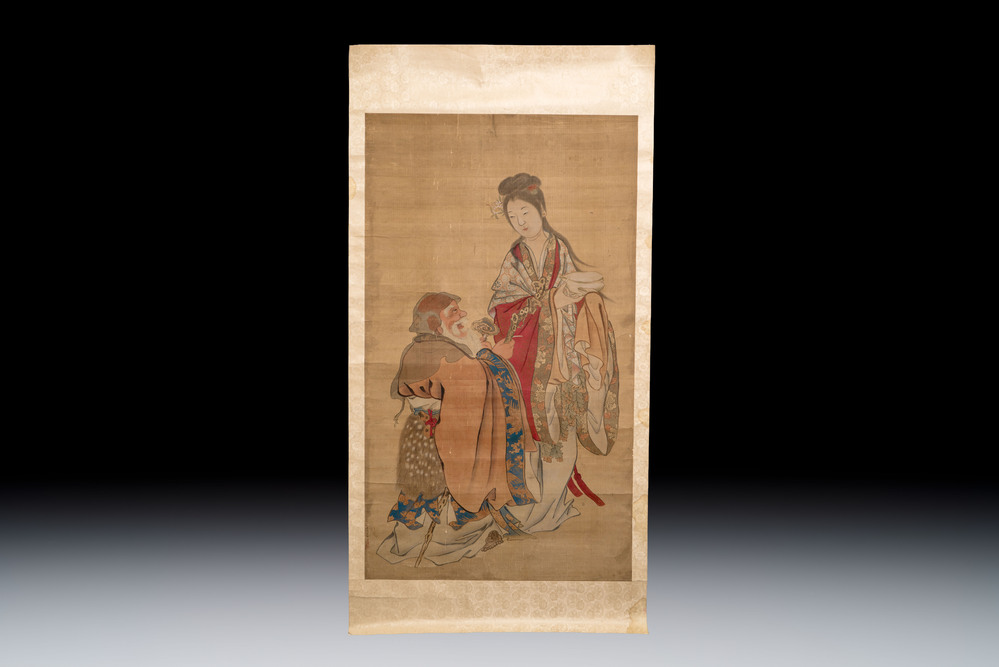 Chinese school: 'Magu Xianshou 麻姑獻壽', ink and colour on silk, signed Ping Yang Ji Xiang 平陽吉祥, 19th C.