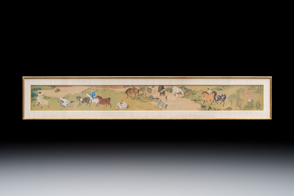 Chinese school: 'Bathing Horses 浴馬圖', ink and colour on silk, 19th C.