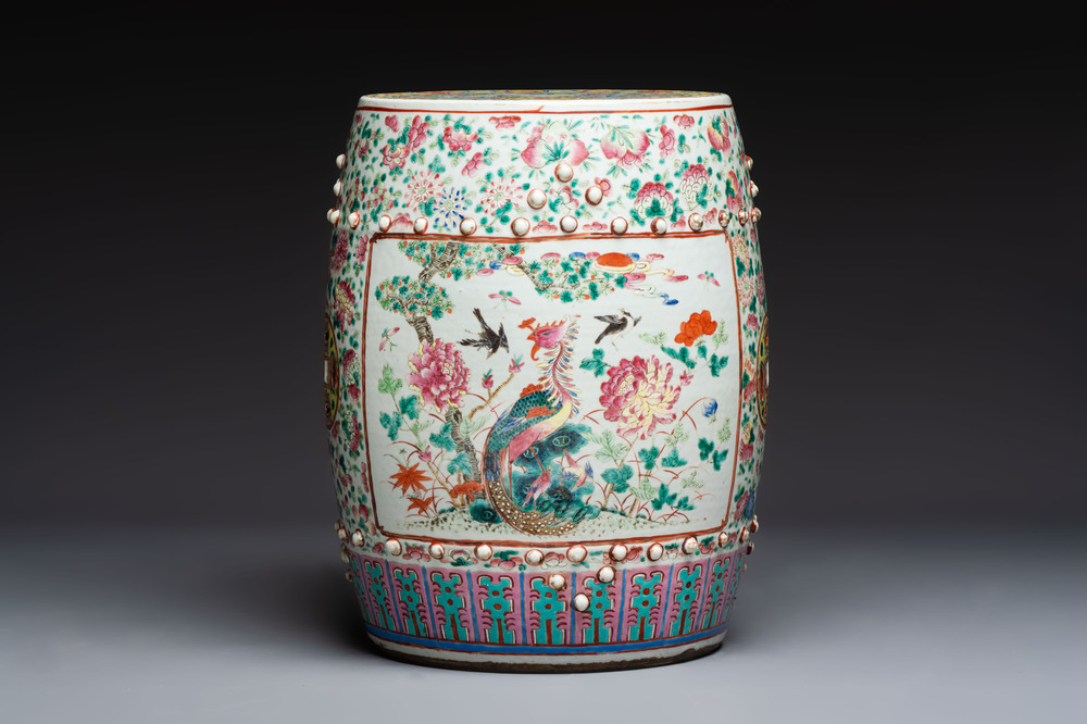 A Chinese famille rose 'Phoenix and Magpies' garden seat, 19th C.