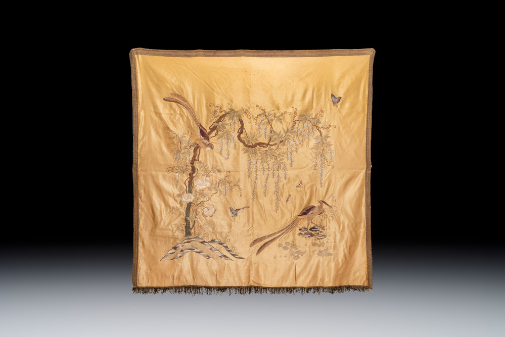 A Chinese embroidered silk 'Pheasants and Wistaria' panel, 19/20th C.