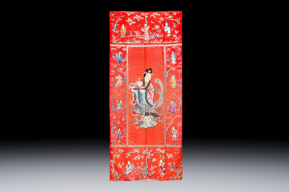 A large and fine Chinese embroidered silk 'Xi Wang Mu and Immortals' panel, 19th C.