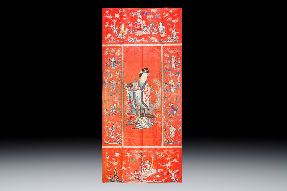 A large and fine Chinese embroidered silk 'Xi Wang Mu and Immortals' panel, 19th C.