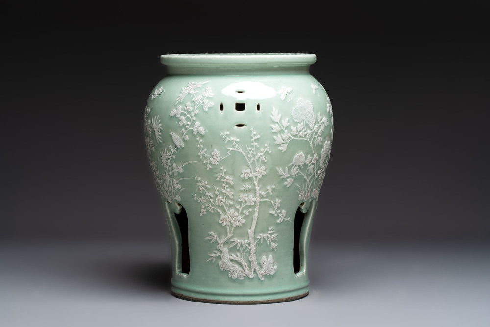 A Chinese slib-decorated celadon-ground garden seat, 19th C.