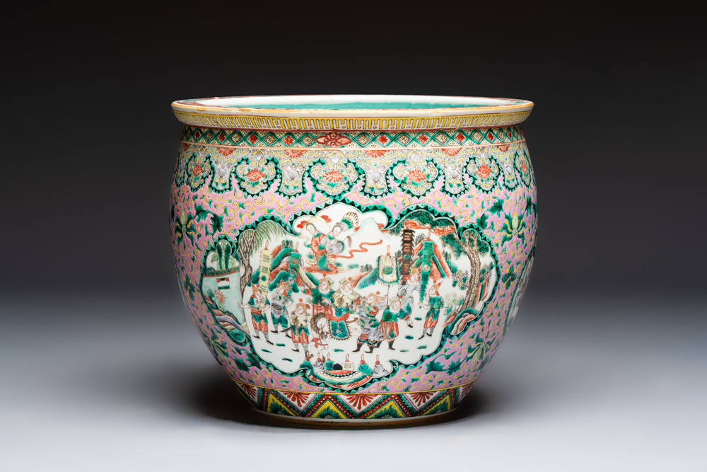 A Chinese famille verte pink-ground scroll pot with narrative design, 19th C.
