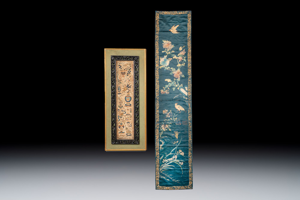 Two Chinese embroidered silk panels with antiquities and birds among flowering branches, 19th C.