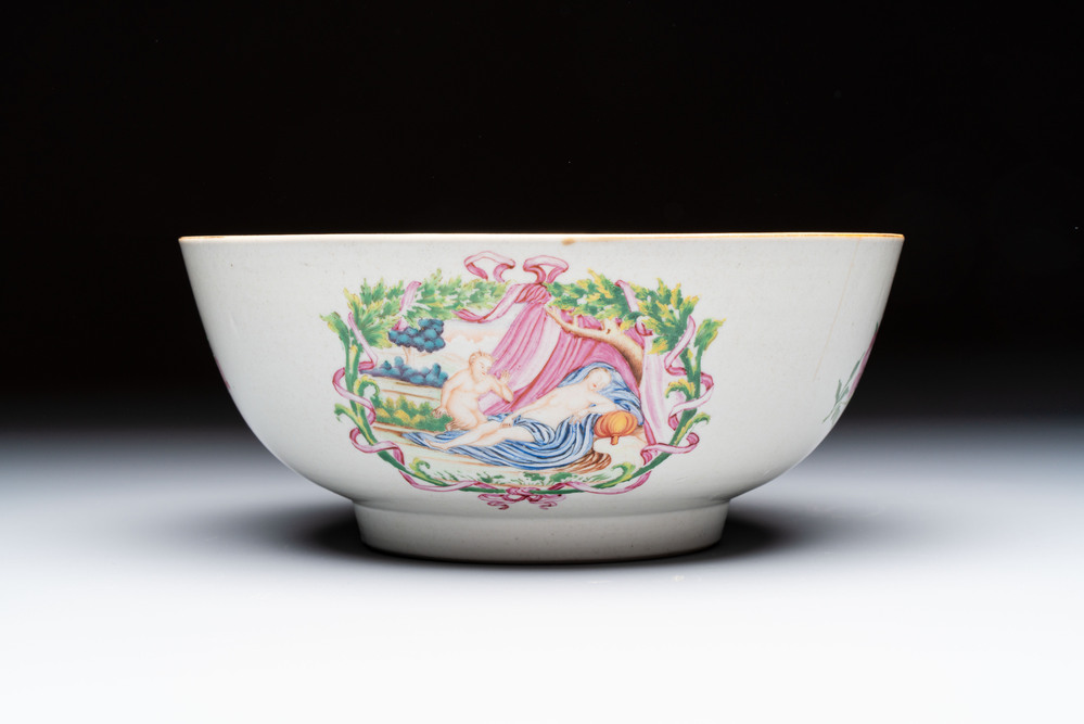 A rare Chinese famille rose 'Satyr Watching a Sleeping Venus' punch bowl, Qianlong