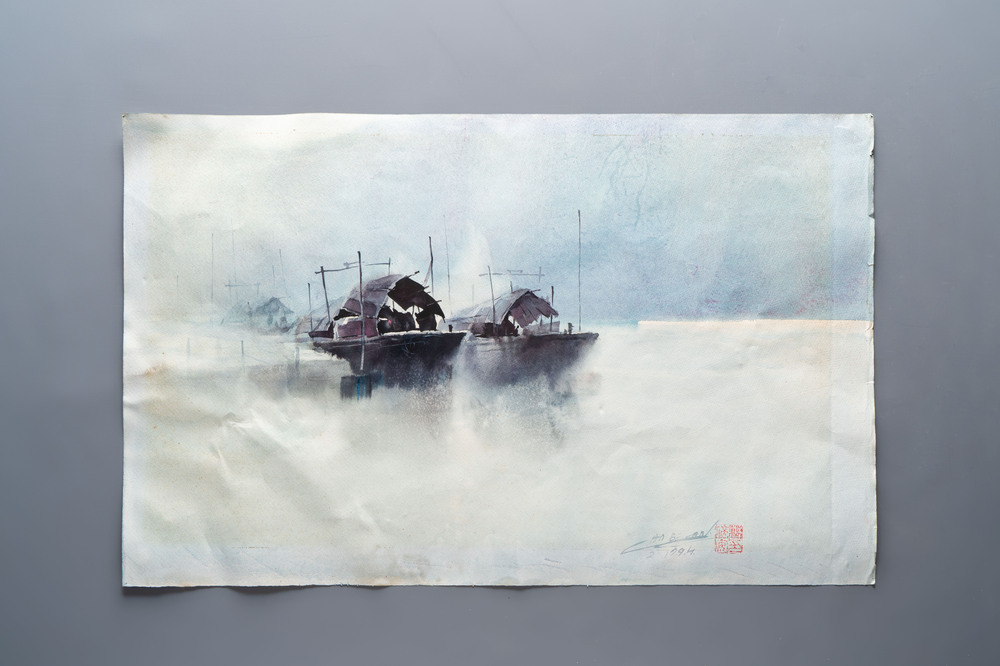 Cao Beian 曹培安 (b. 1957): 'Sampan Boats', ink and watercolour on paper, dated February 1994.