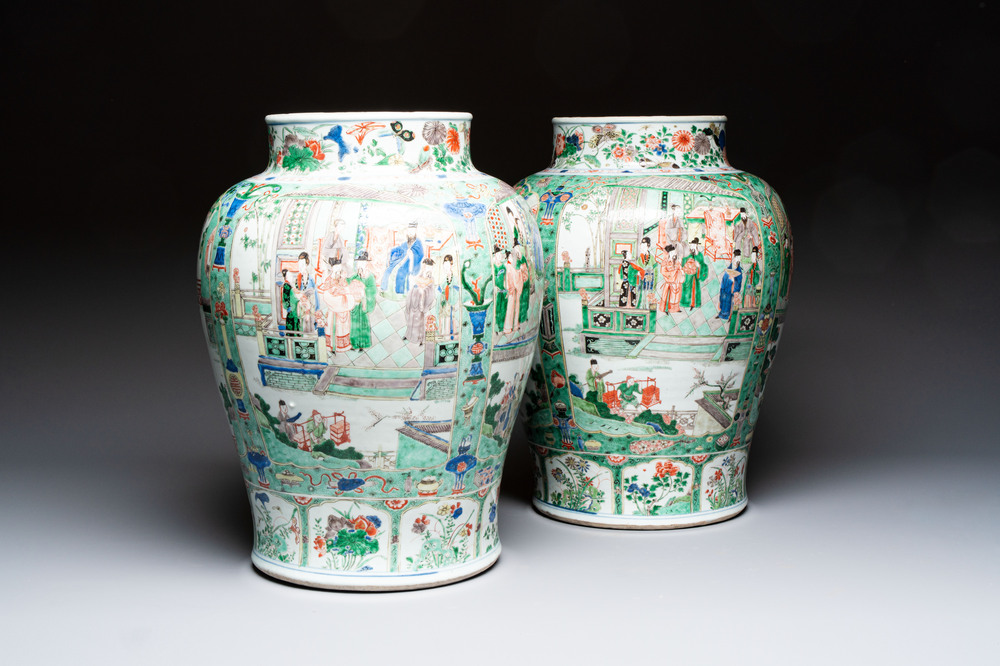 A pair of large Chinese famille verte 'Birthday Celebration of Guo Ziyi 郭子儀祝壽' baluster vases, Kangxi
