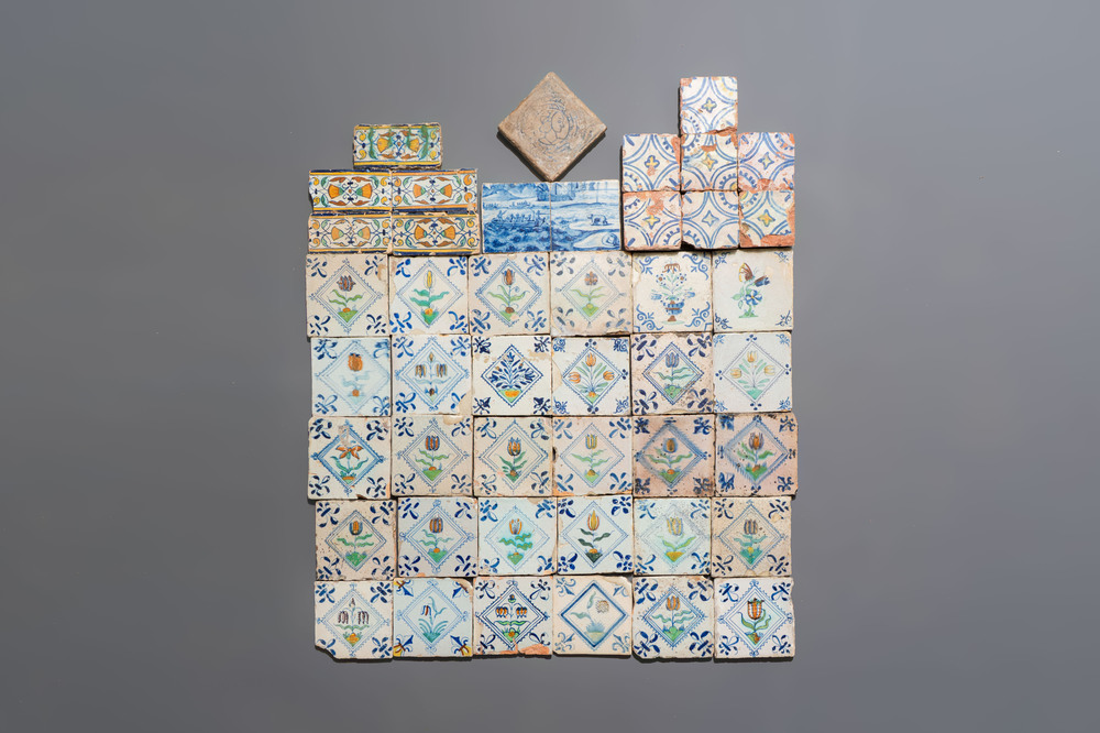 37 mostly polychrome Dutch Delft tiles, seven North African tiles and a French portrait tile, 16th/19th C.
