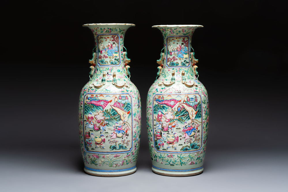A pair of large Chinese famille rose celadon-ground 'Romance of the Three Kingdoms' vases, 19th C.