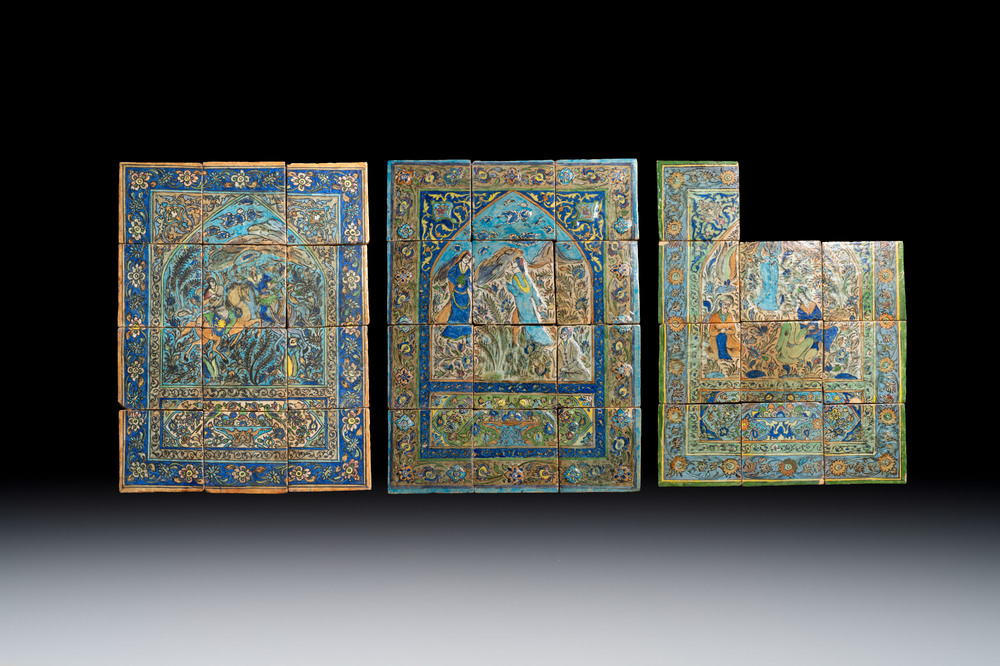 Three large polychrome Persian tile murals with narrative design, Qajar, 19th C.